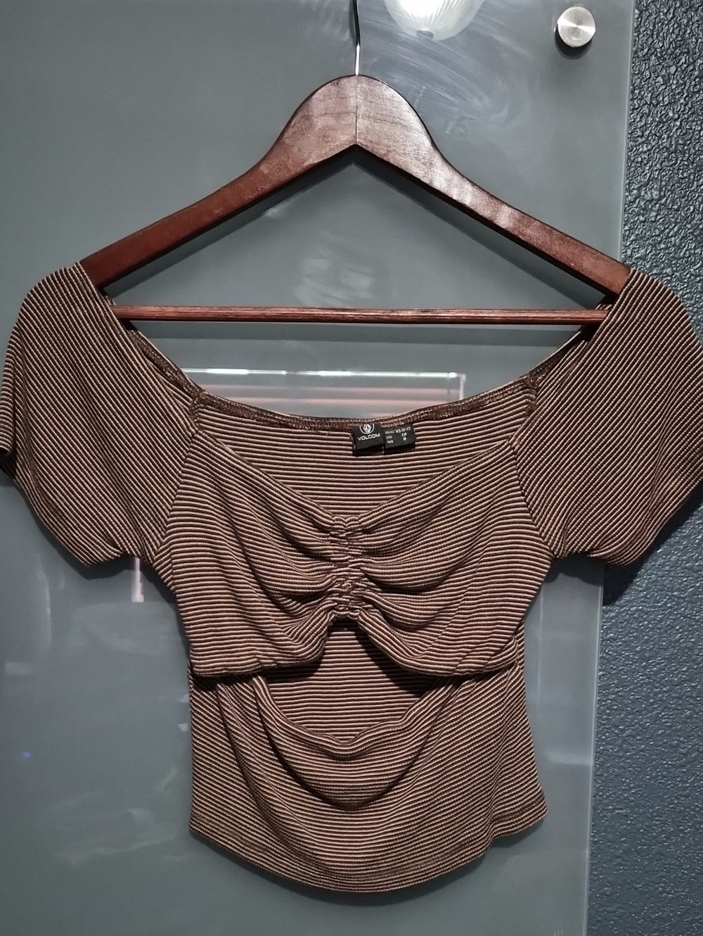 Volcom Brown and Black Striped Ruched Crop Top